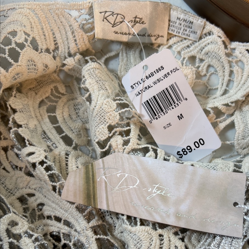 RD Style Silver Cotton Floral Lace Top Size M NWT Holiday Cocktail Party Easter - Picture 5 of 6